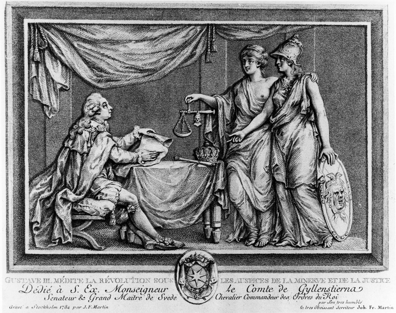 Gustave III overvejer revolutionen i regi af Minerva og retfærdighed, 1784 af Johan Fredrik Martin