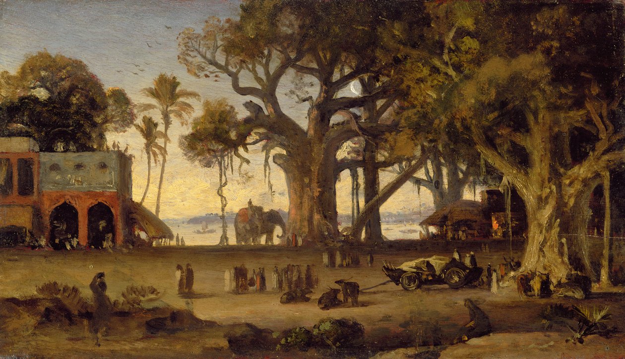 Månebelyst scene af indiske figurer og elefanter blandt Banyan-træer, Øvre Indien (sandsynligvis Lucknow) (olie på indisk hårdttræspanel) af Johan Joseph Zoffany