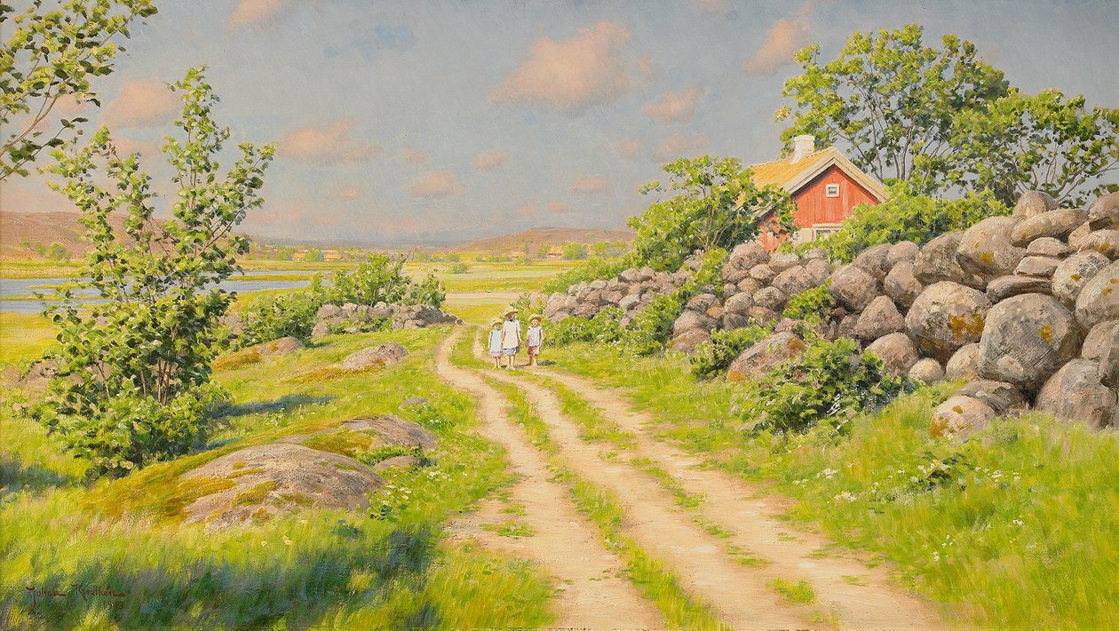 Sommerlandskab med vandrende børn af Johan Fredrik Krouthen