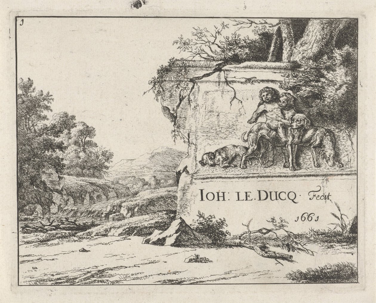 Udsigt over en ruin, i et landskab med en flod af Johan le Ducq