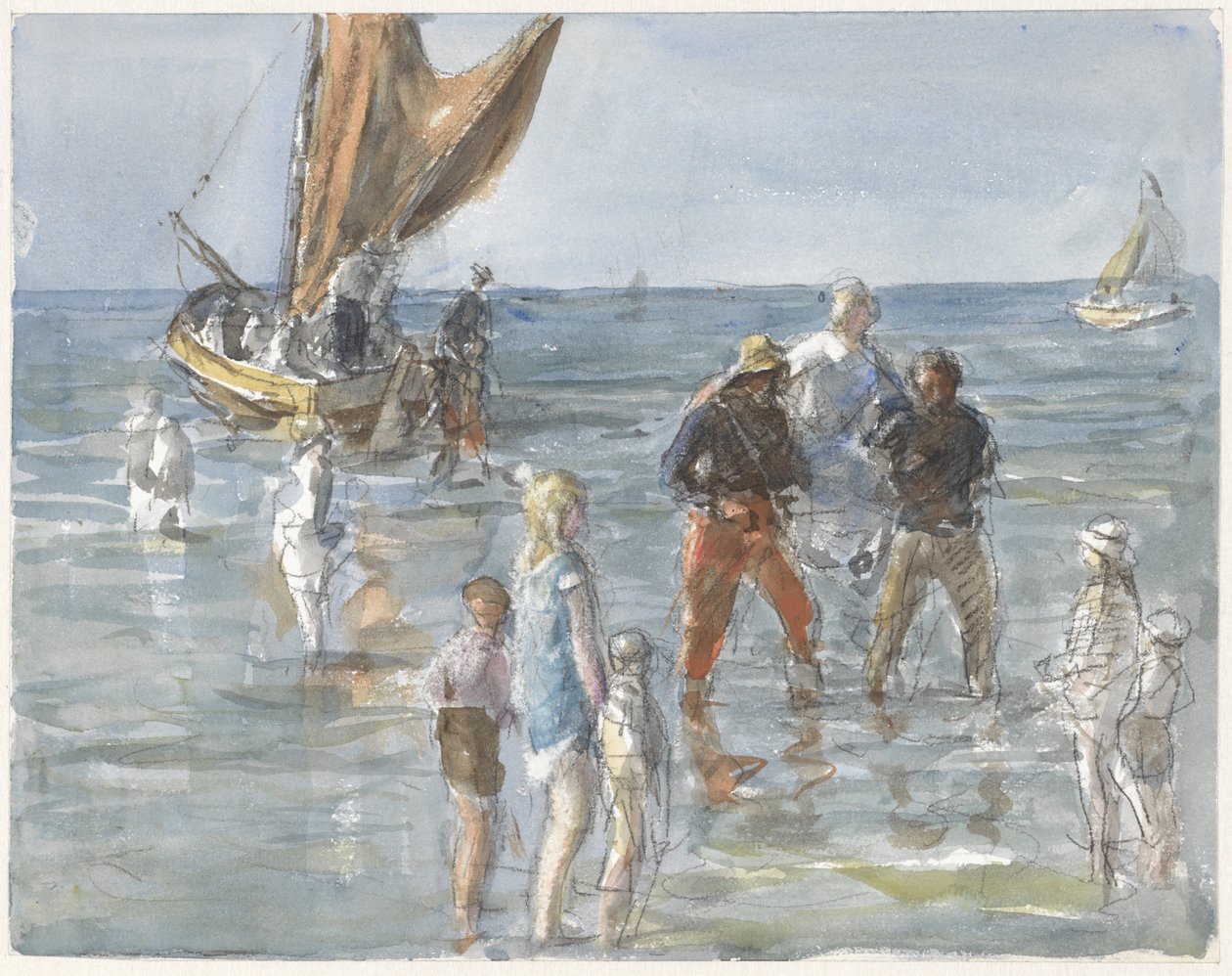 Dame bliver båret fra en båd til land af to fiskere af Johan Antonie de Jonge