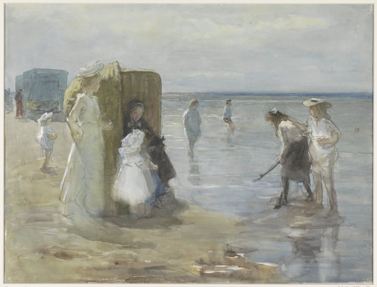 Udsigt langs højvandslinjen på Scheveningen strand, med to damer og børn af Johan Antonie de Jonge