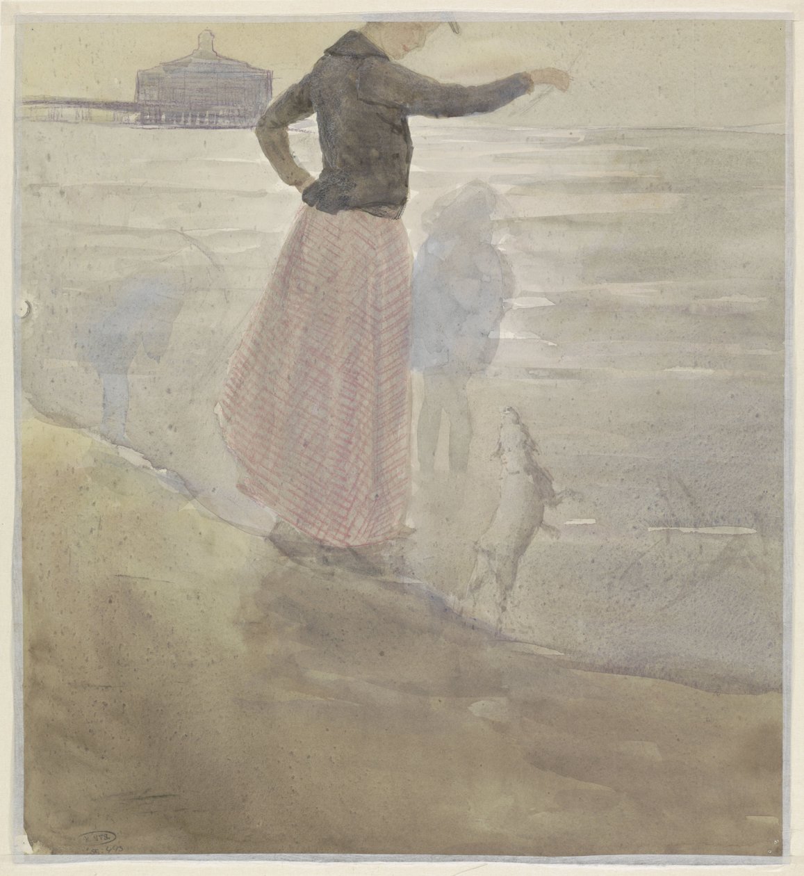 Kvinde med to børn og en hund på stranden af Johan Antonie de Jonge