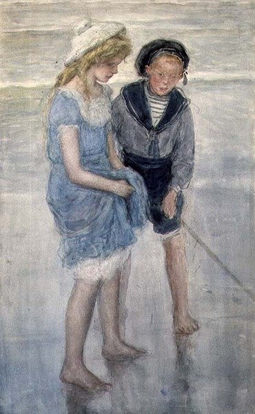 Børn, der padler ved Scheveningen (akvarel) af Johan Antonio de Jonge