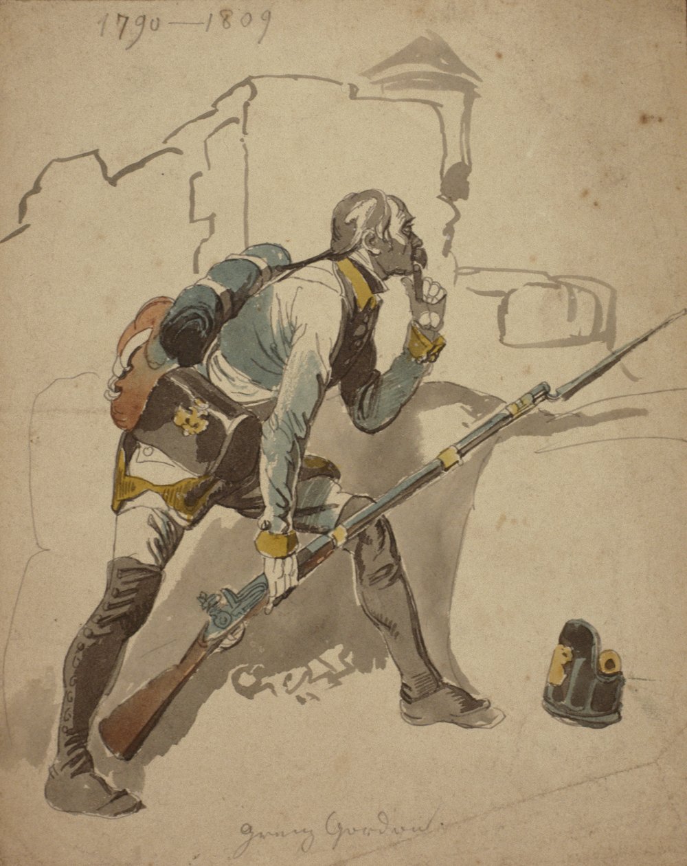 A Private Infantry of the Line (muligvis 27. Regiment, Hesse Cassell), 1790-1809 (akvarel) af Johan Baptiste Heinefetter
