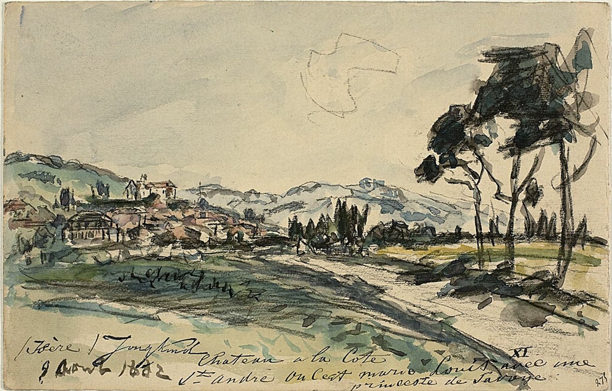 Chateau, Cote Saint Andre (recto) Tom vogn og skur med andre skitser (verso) af Johan Barthold Jongkind