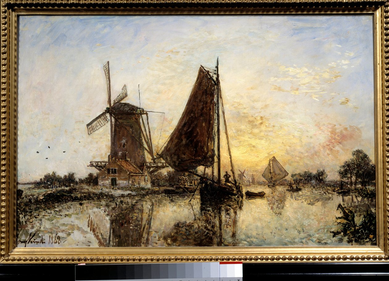 Hollandsk landskab, både nær møllen Maleri af Jean Barthold Jongkind (1819-1891) 1868 søn. 0,52x0,81 m Paris, Musee d