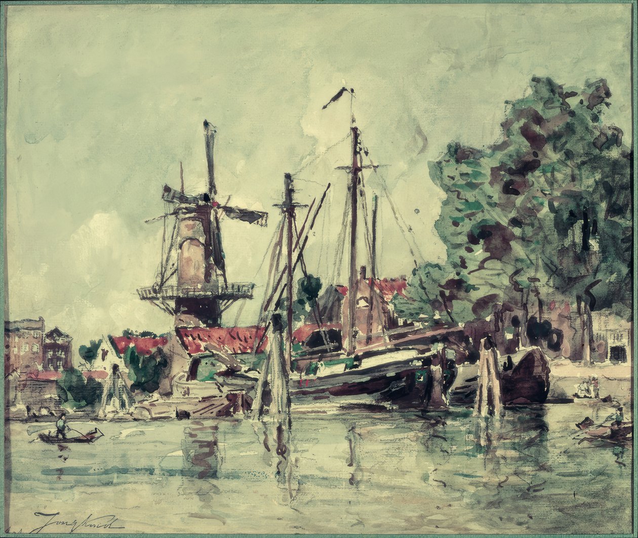 I Holland, bådene nær møllen af Johan Barthold Jongkind