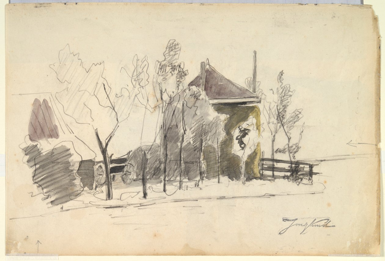 Høvogn i en gård (recto); Udsigt over en gård (verso) af Johan Barthold Jongkind