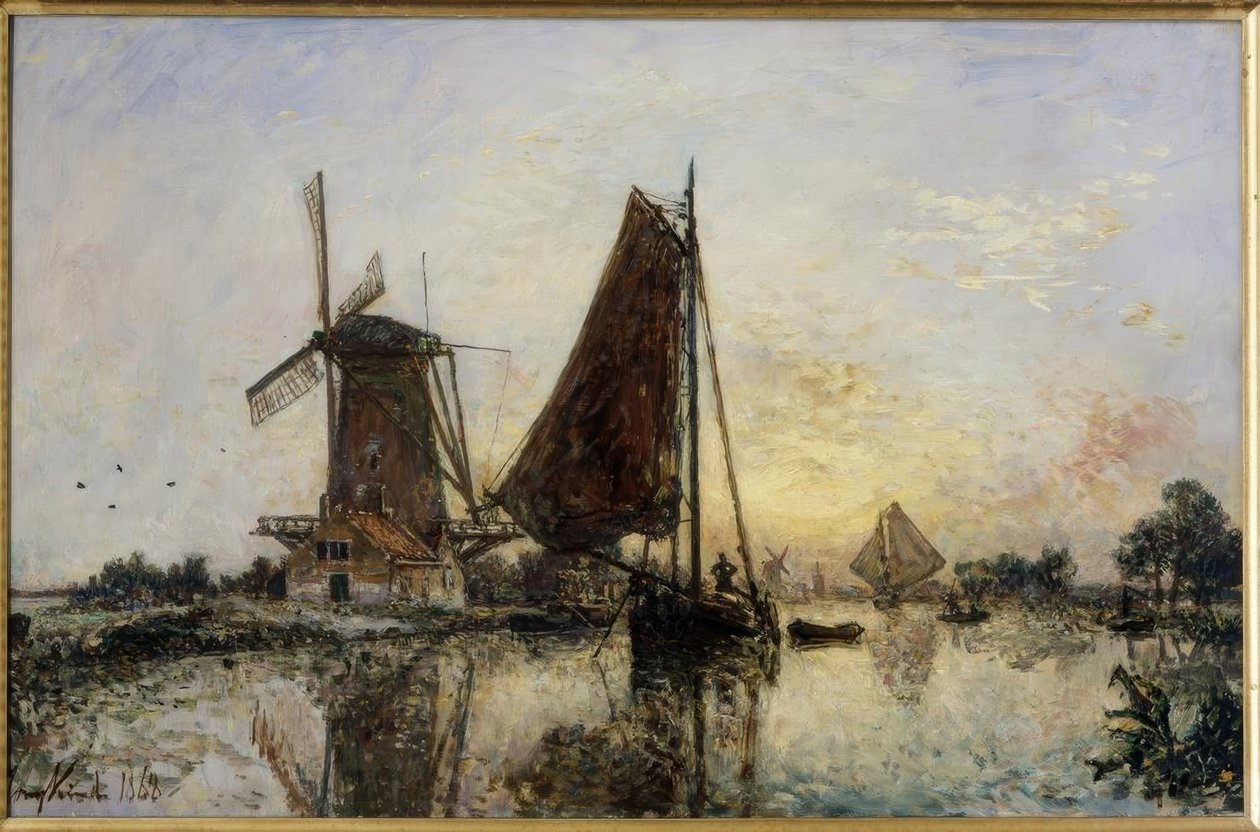 I Holland. Skibe ved en mølle af Johan Barthold Jongkind