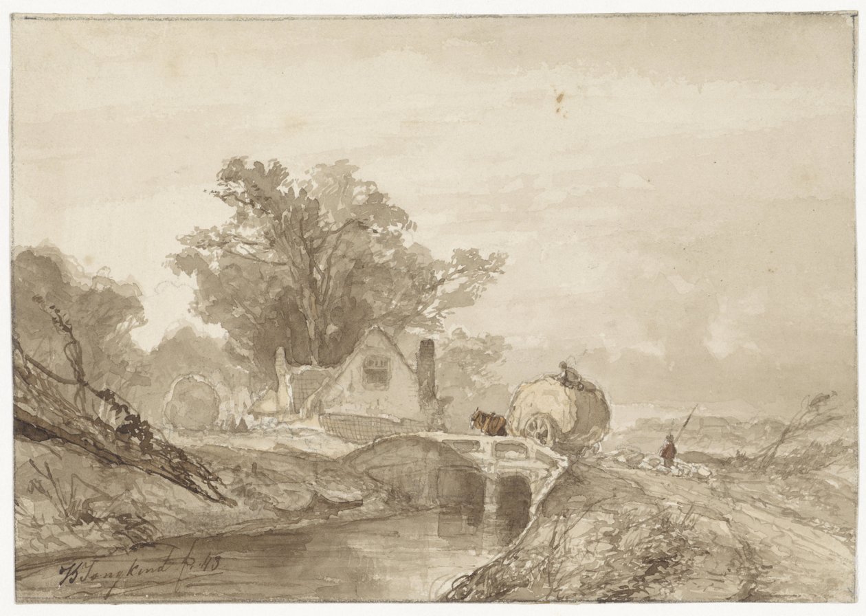 Landskab med en bro med en høstmand på af Johan Barthold Jongkind