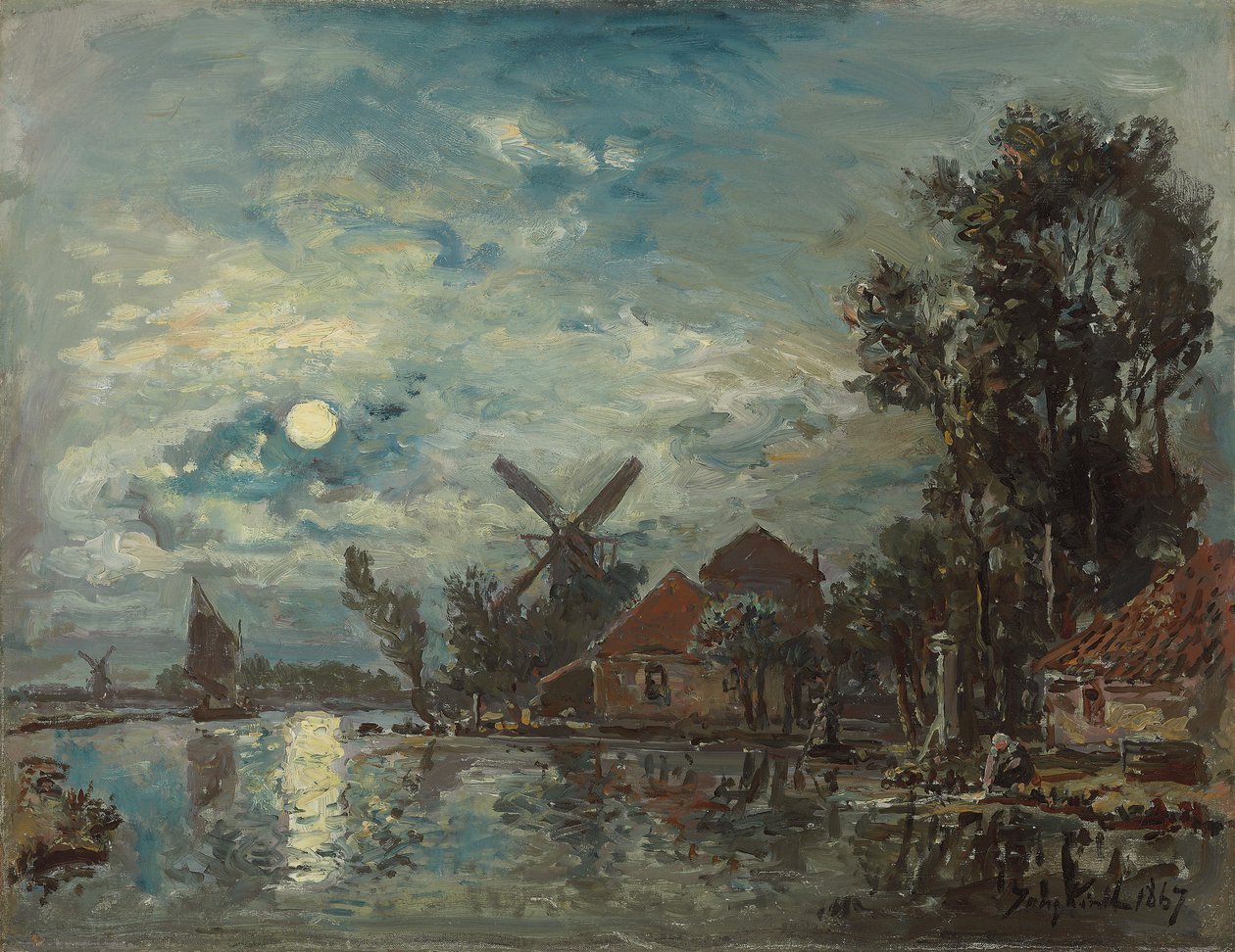 Måneskin på flodmundingen, Holland; Måneeffekt over flodmundingen, Holland, 1867 af Johan Barthold Jongkind