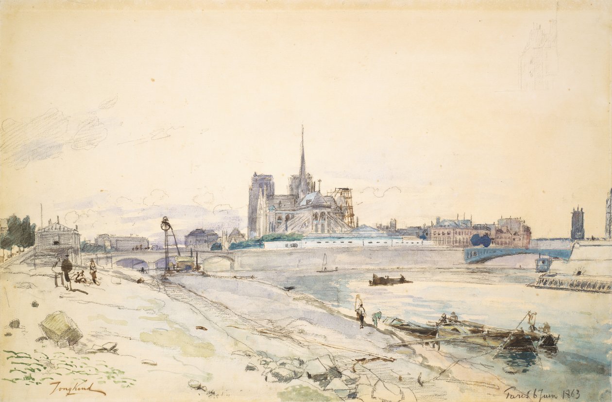 Notre Dame i Paris set fra Quai de la Tournelle af Johan Barthold Jongkind