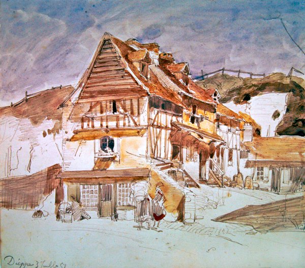 Gamle huse i Dieppe, Normandiet, Frankrig, 1851 (pen, blæk og wc på papir) af Johan Barthold Jongkind