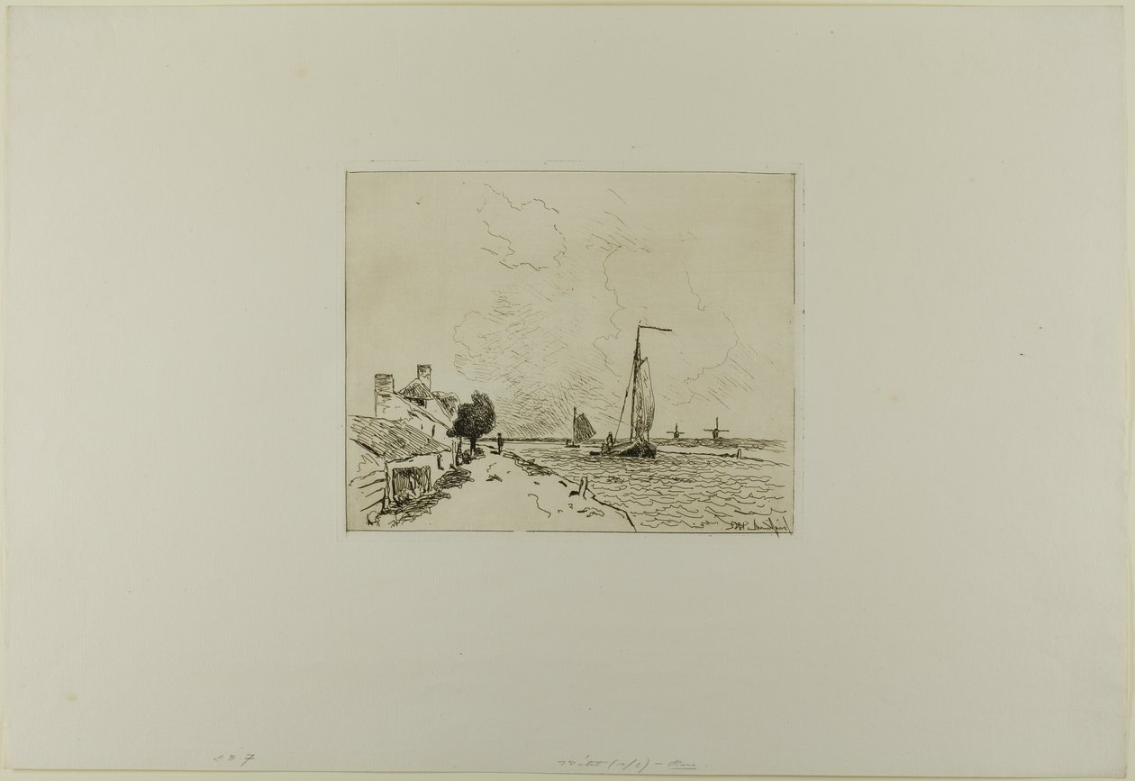 De to sejlbåde, fra bog med seks raderinger, udsigter over Holland af Johan Barthold Jongkind