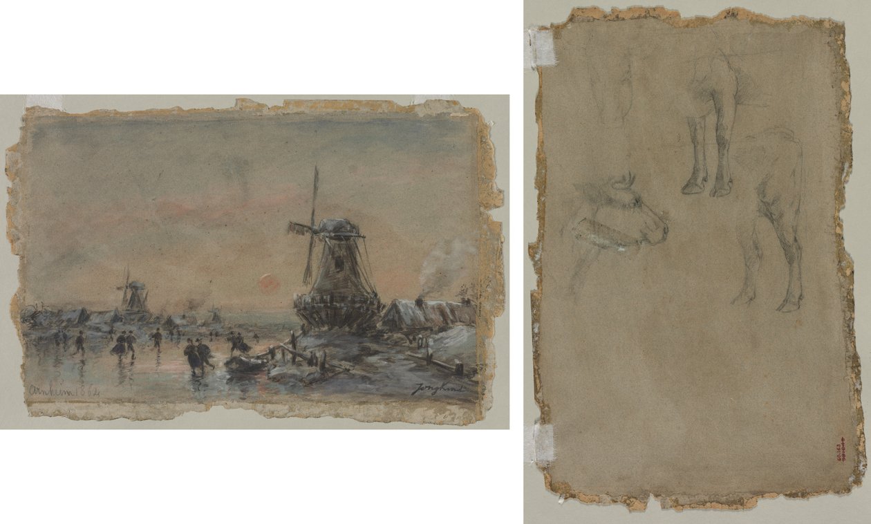 Udsigt over Arnheim (recto) Studier af en Tyr (verso) af Johan Barthold Jongkind
