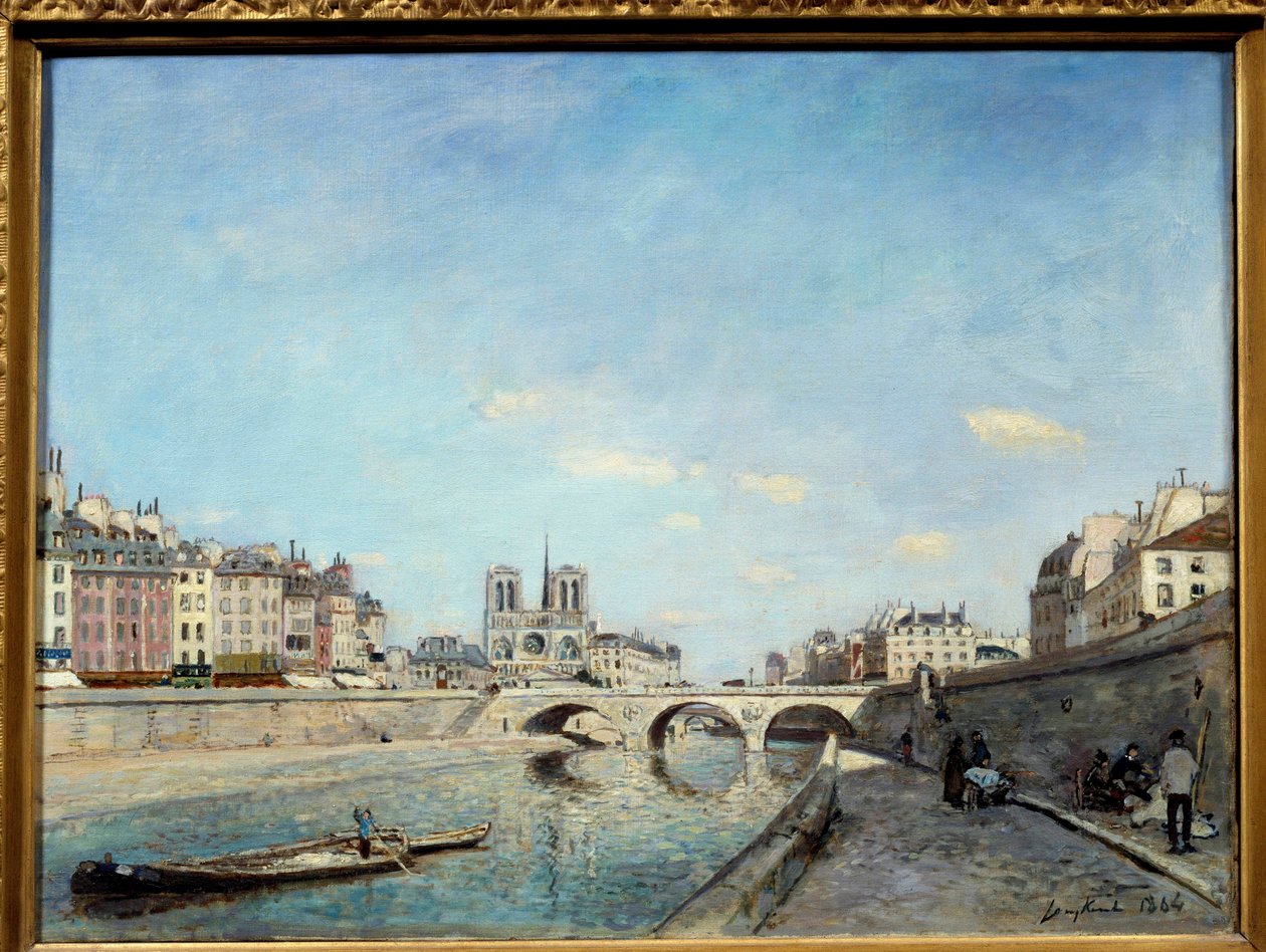 Udsigt over bredden af Seinen og katedralen Notre Dame de Paris En peniche ved floden. Maleri af Johan Barthold Jongkind (1819-1891) 1864 søn. 0,42x0,56 m Paris, musee d