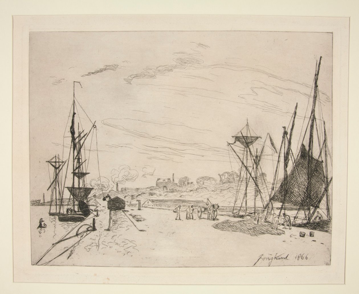 Udsigt fra havnen til jernbanen? Honfleur (Udsigt over havnen fra jernbanen ved Honfleur) af Johan Barthold Jongkind