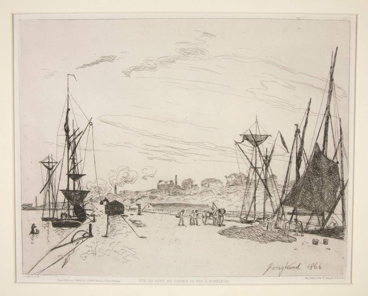 Udsigt fra havnen til jernbanen? Honfleur (Udsigt over havnen fra jernbanen i Honfleur) af Johan Barthold Jongkind