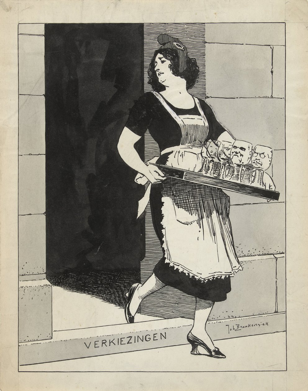 Design til illustration i De Amsterdammer: Den hollandske jomfru som stuepige med en bakke med glas snubler over valgtrinnet (17. maj 1924) af Johan Braakensiek