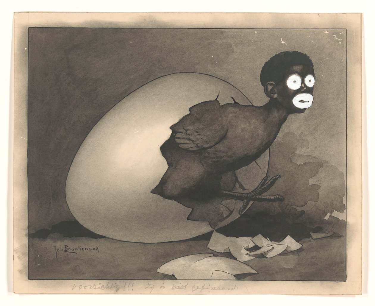 Design til illustration i De Amsterdammer: en sort mand klækkes fra et æg (19. april 1930) af Johan Braakensiek