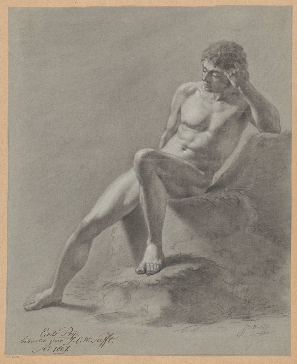 Siddende mand nøgen, set forfra (1. præmie 1807) af Johan Christiaan Willem Safft