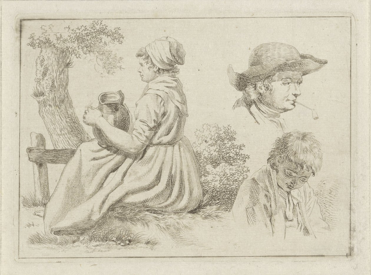 Siddende kvinde med en kande, portræt af en mand med en pibe og en dreng af Johan Christiaan Willem Safft