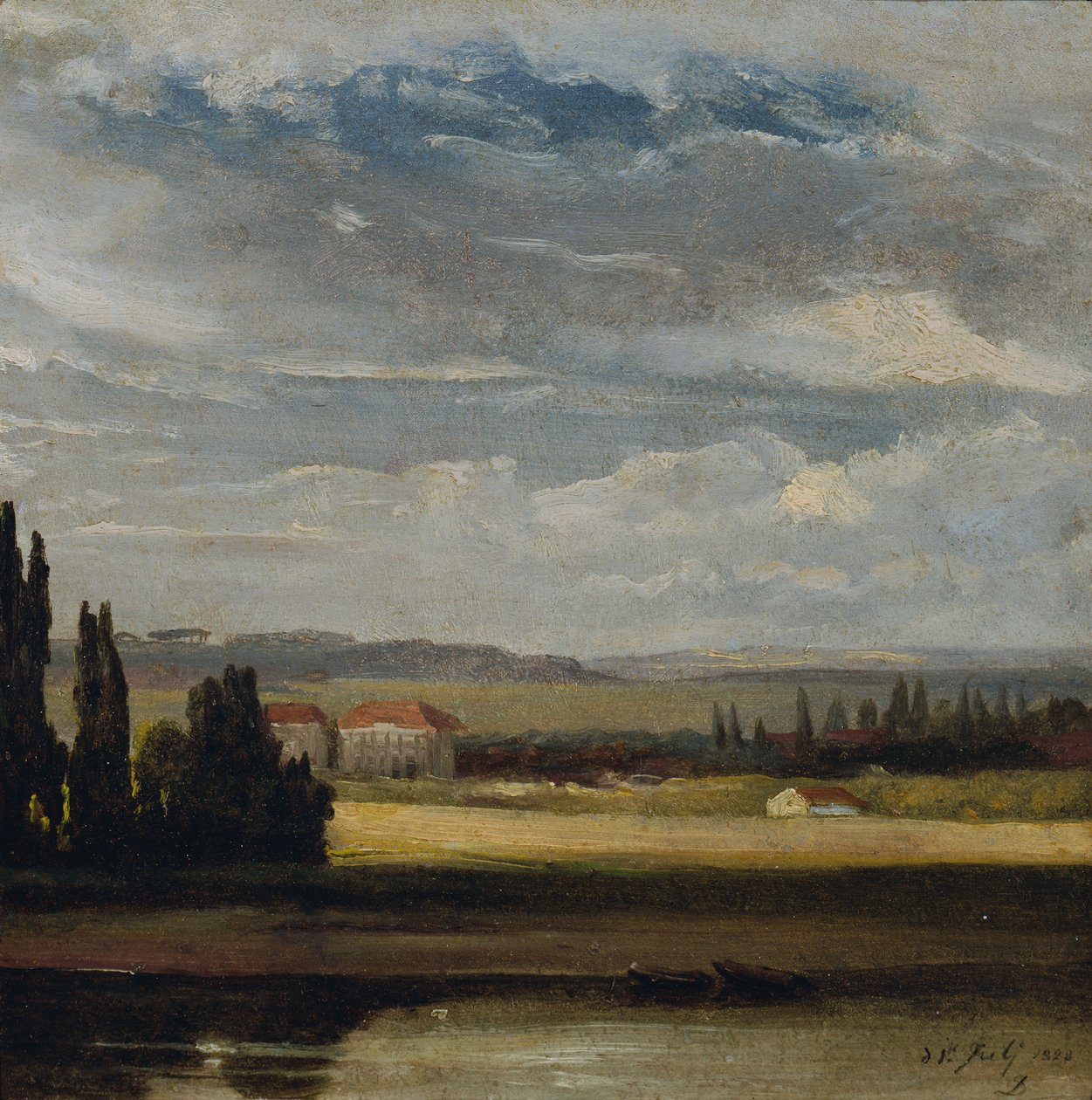 Landskabsudsigt med høj overskyet himmel af Johan Christian Dahl