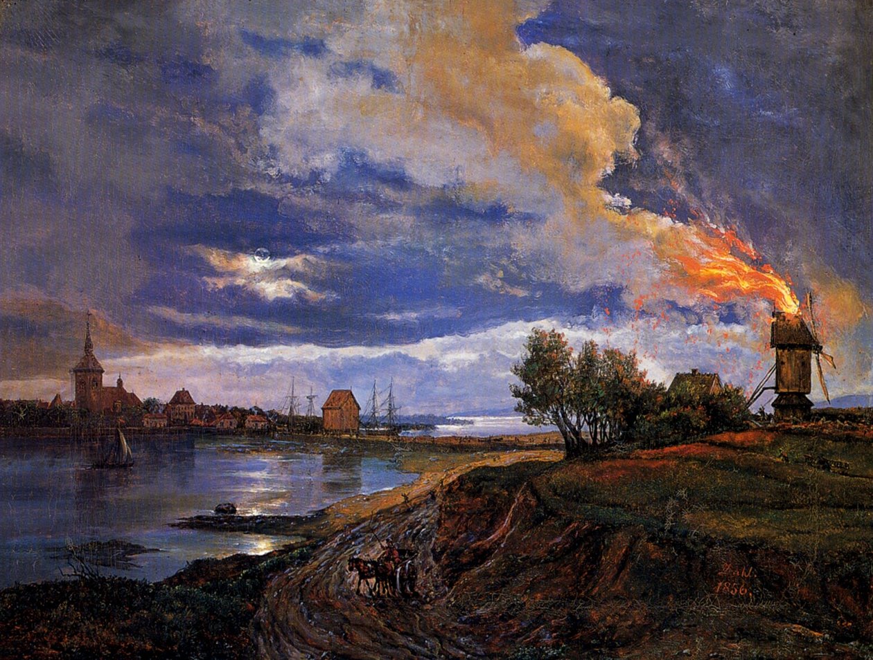 Brændende vindmølle ved Stege af Johan Christian Dahl