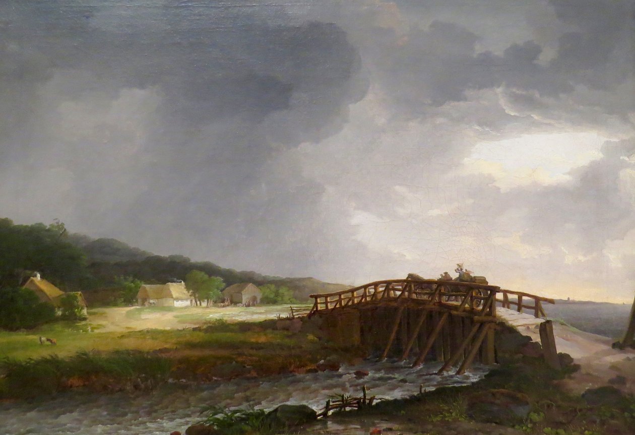 Danish: Broen over Tryggevælde å med udsigt til Køge The Bridge across Tryggevælde River with a View of Køge, Zealand af Johan Christian Dahl