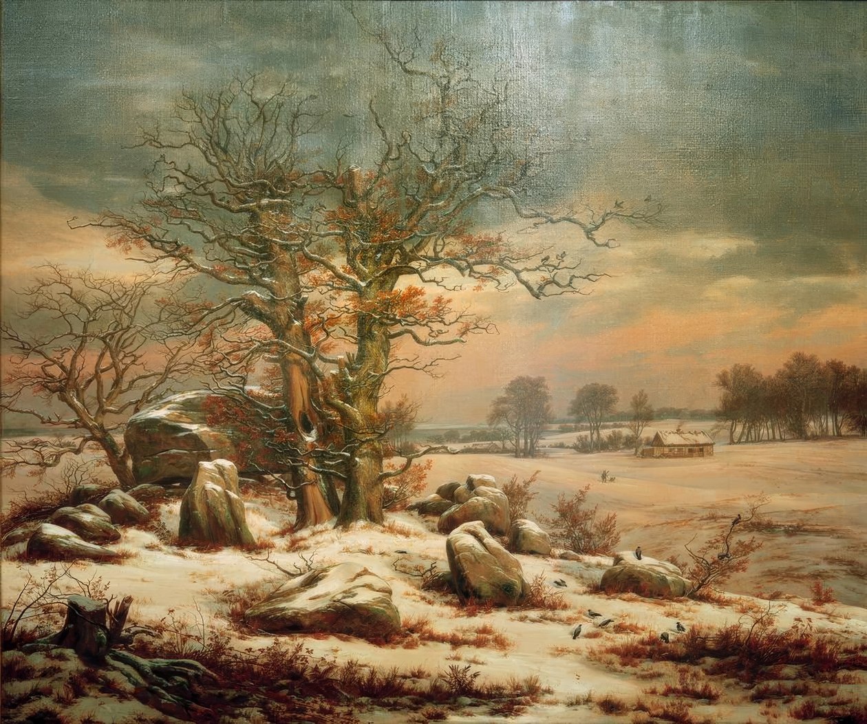 Megalitgrav nær Vordingborg om vinteren af Johan Christian Dahl