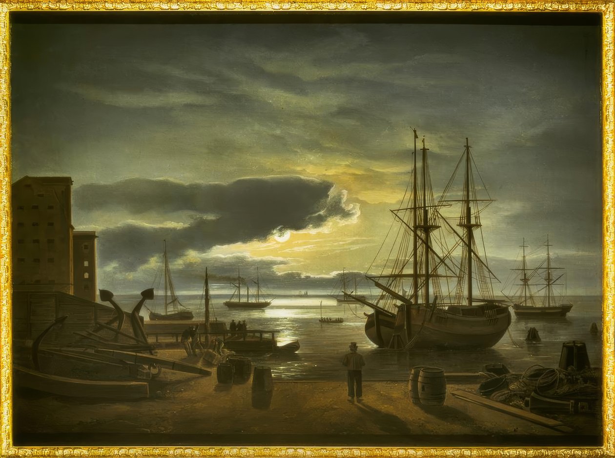 Københavns Havn i måneskin af Johan Christian Dahl