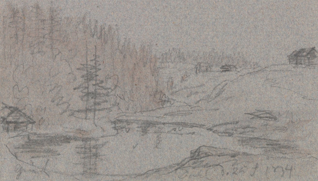 Landskab med flod, huse og skov af Johan Christian Dahl