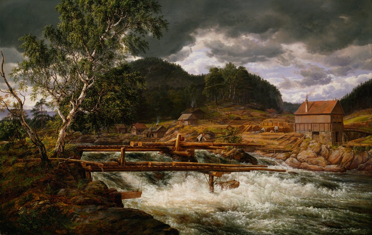 Norsk bokmål:  Hellefossen ved Hokksund Hellefossen nær Hokksund af Johan Christian Dahl