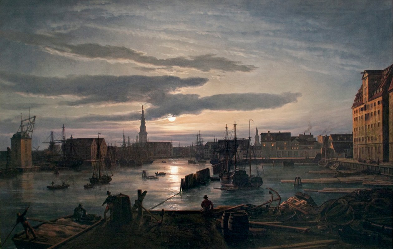 Norsk:  Københavns Havn ved Måneskin Københavns Havn ved Måneskin af Johan Christian Dahl