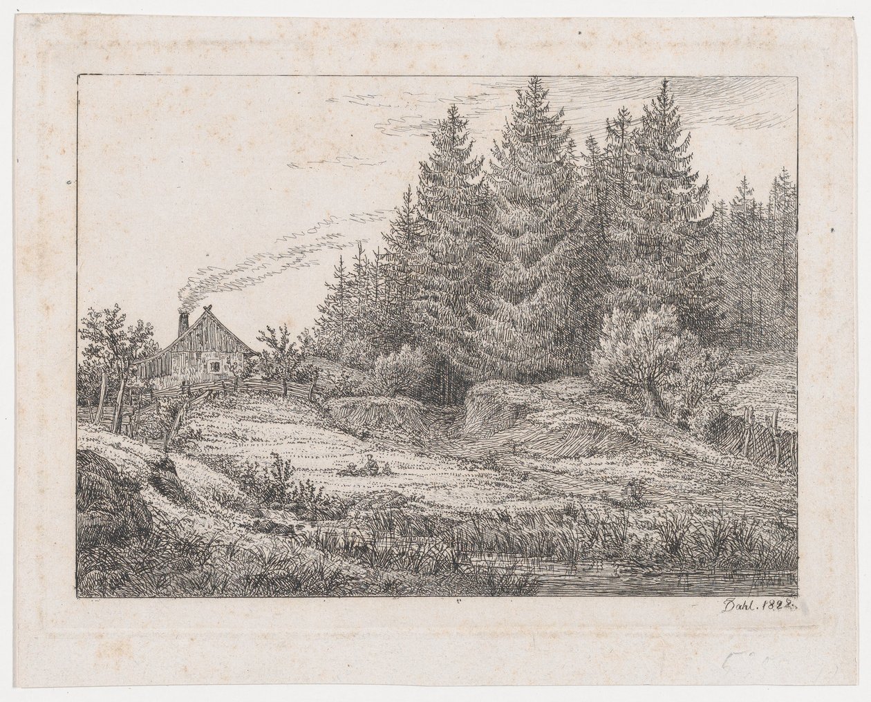 Bondehytte i udkanten af en skov af Johan Christian Dahl