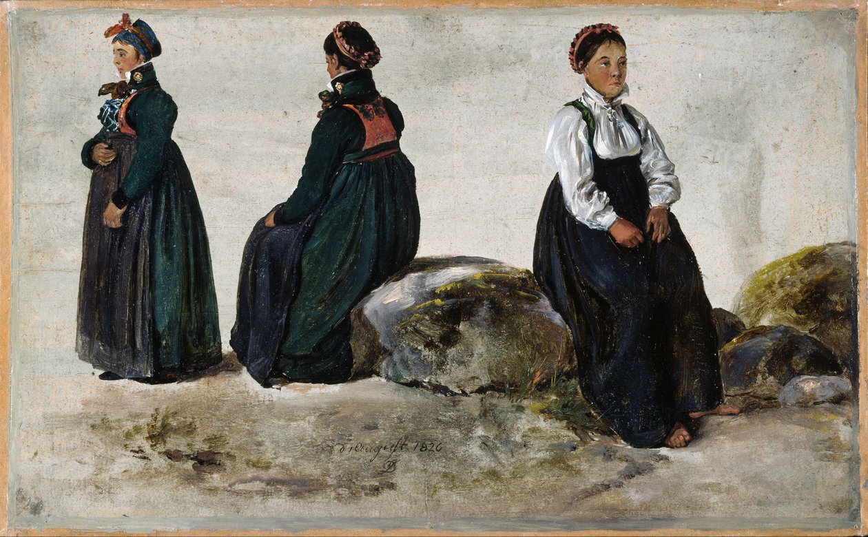 Studier af kvindedragter fra Luster i Sogn af Johan Christian Dahl
