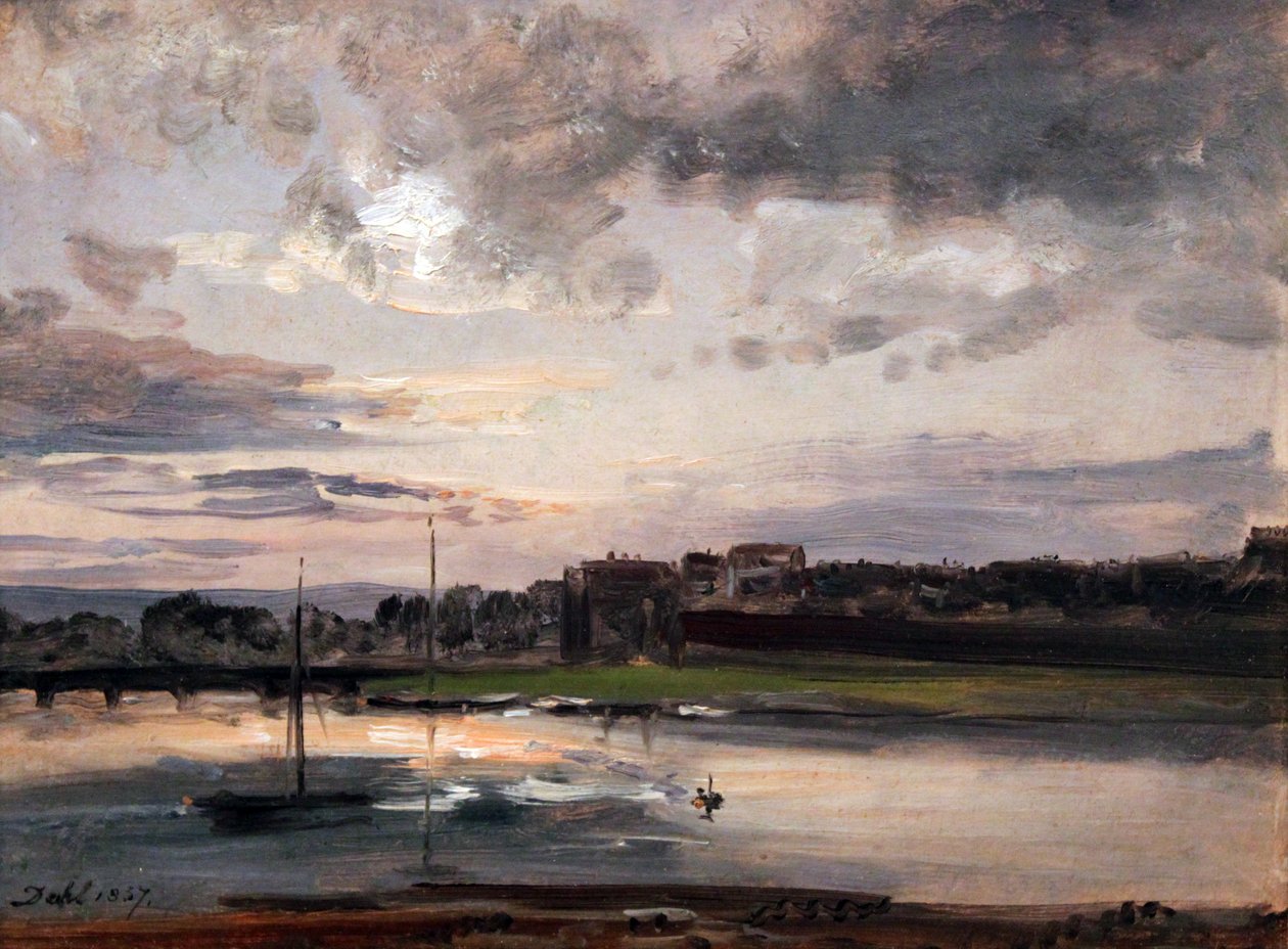 Elben og Dresden Neustadt i aftenlyset / Elben og Neustadt-banken i Dresden i aftenlyset af Johan Christian Dahl