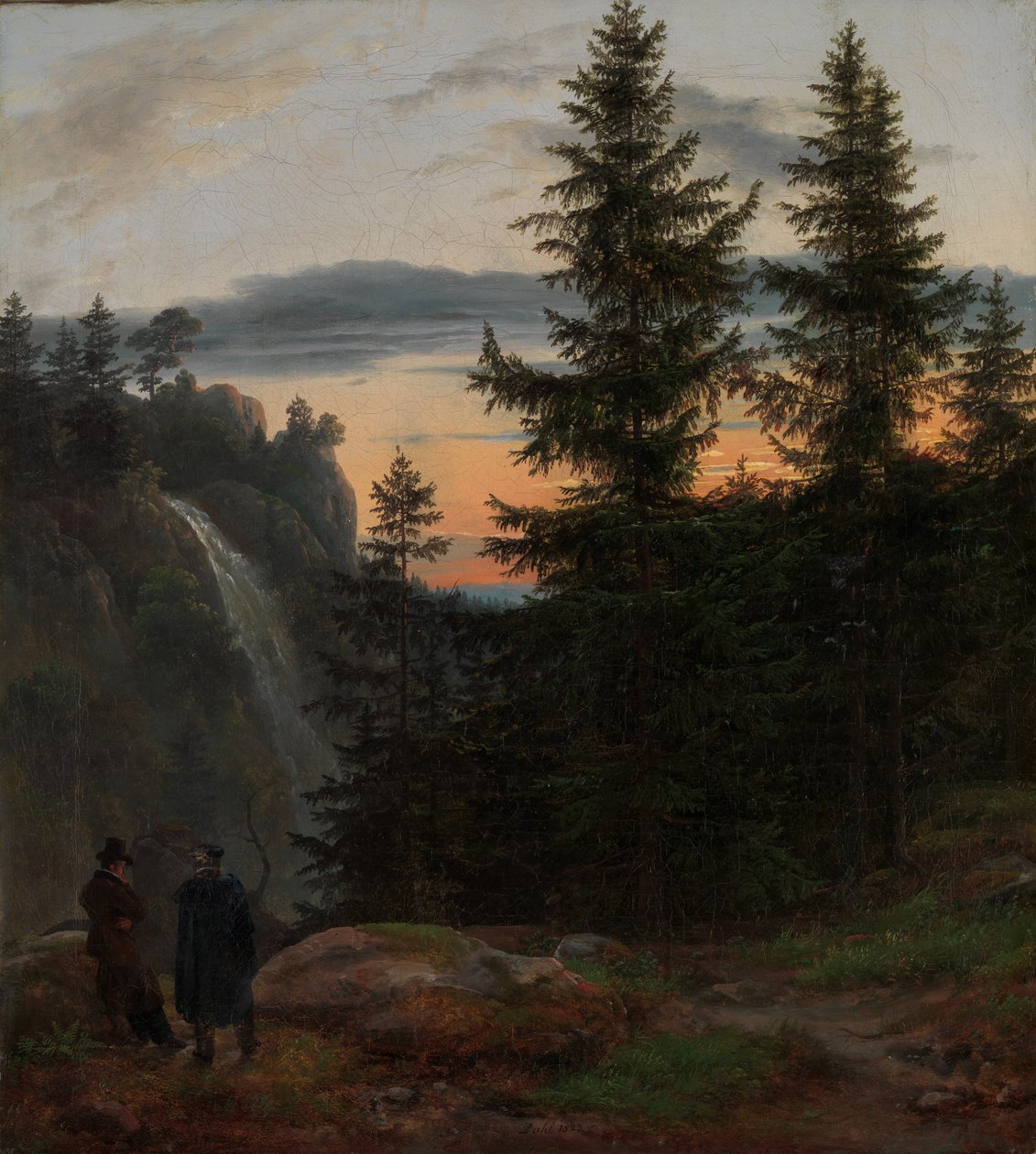 To mænd før et vandfald ved solnedgang, 1823. af Johan Christian Dahl