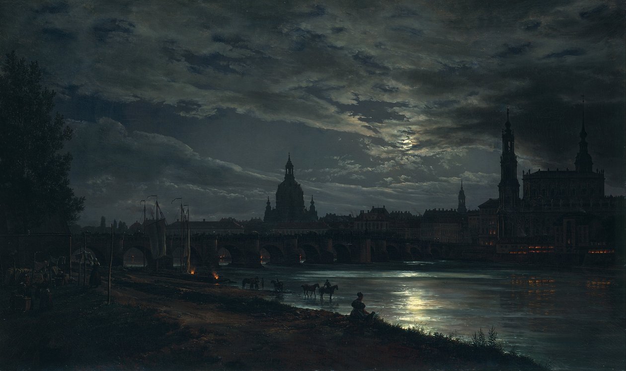 Udsigt over Dresden ved Moonlight af Johan Christian Dahl