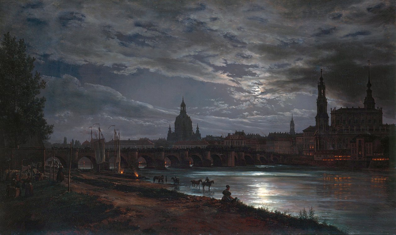 ""Vue de Dresde au clair de lune"" (Udsigt over Dresden ved måneskin) Maleri af Johan Christian Clausen Dahl (1788-1857) 1839 - Olie på lærred Dim 78x130 cm Dresden State Art Collections Dresden af Johan Christian Dahl