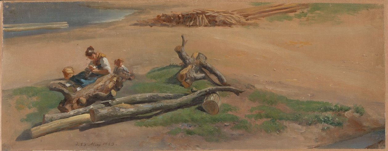 Kvinde og barn på en flodbred af Johan Christian Dahl