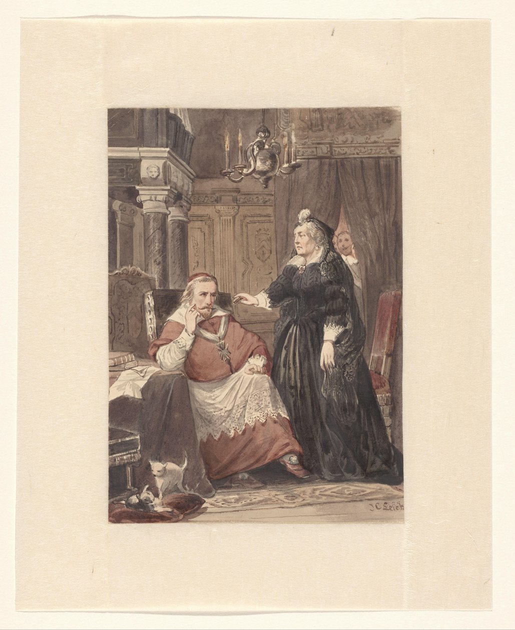 To personer i et interiør, muligvis Maria de Medici og kardinal de Richelieu af Johan Coenraad Leich (signed by artist)