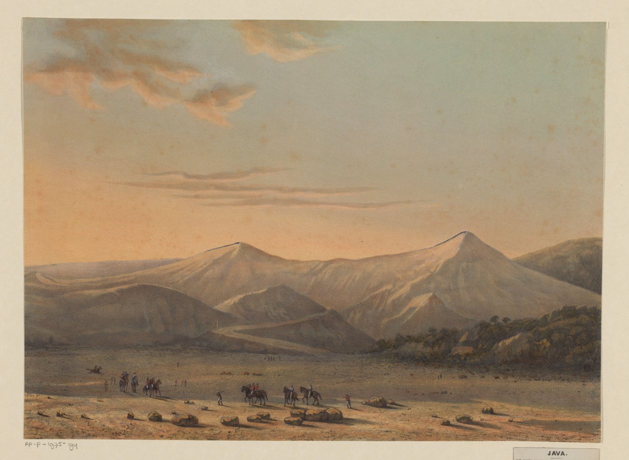 Udsigt over Bromo-vulkanen Det ildpustende bjerg Bromo i 1856 (Probolingo-residens) (titel på objektet) af Johan Conrad Greive