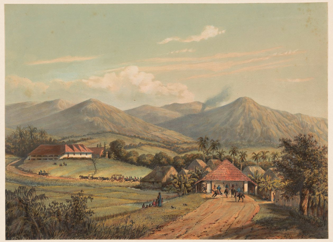 Udsigt over vejen mellem Buitenzorg og Preanger Den store vej fra Buitenzorg til Preanger-regenterne. (titel på objekt) af Johan Conrad Greive