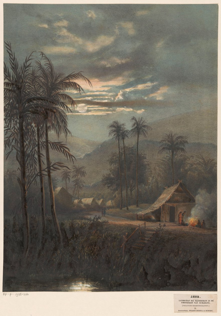 Landskab ved måneskin i Sumedang -området Landskab ved Moonshine i omgivelserne i Sumadang (Preachger Regentships.) (Titel på objekt) af Johan Conrad Greive
