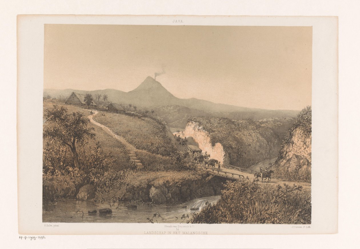 Landskab nær Malang Landskab i Malangsche; Bopæl Pasoroean Landskab i Malangsche (titel på objekt) Java efter malerier og tegninger af A. Salm (serietitel) af Johan Conrad Greive