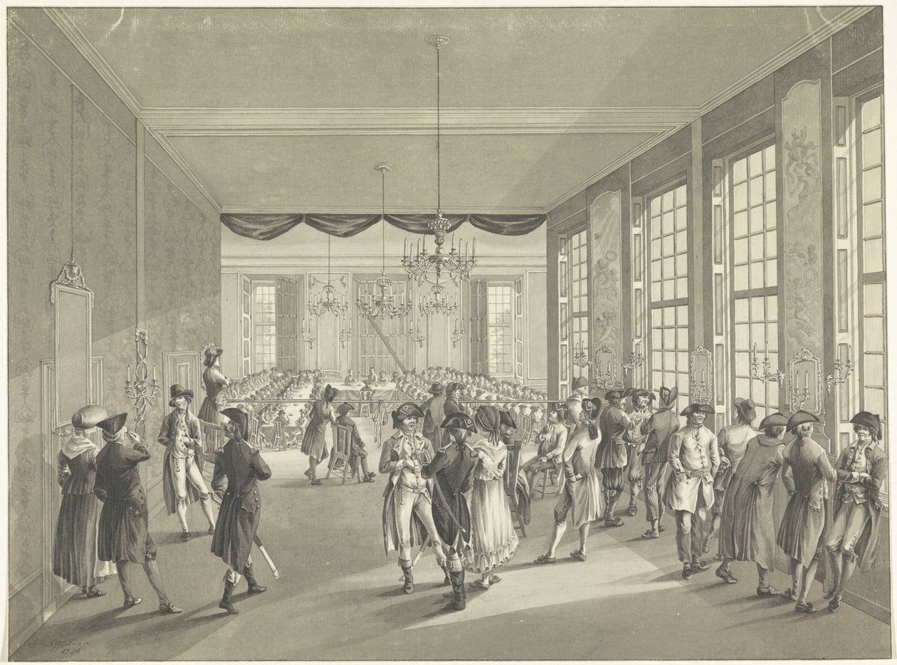 Generalforsamling i Haag, 1795 Centralforsamlingen afholdt i St. Joris Doelen i Haag i år 1796 (titel på objekt) af Johan Daniël de Gijselaar