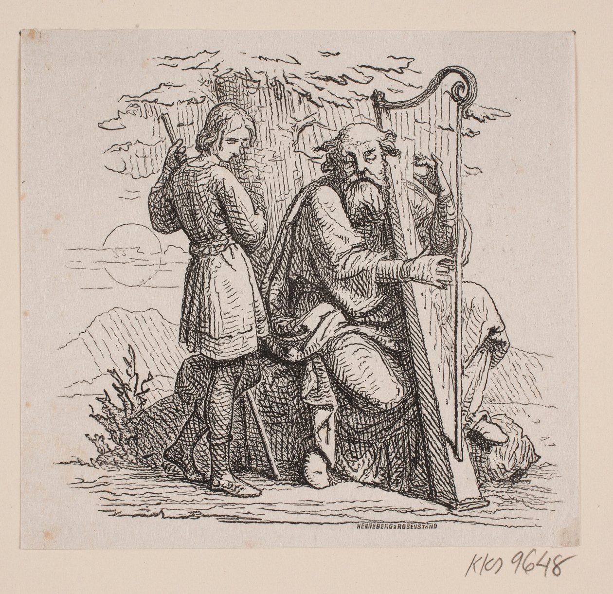 En gammel harpespiller og en dreng under et træ af Johan Frederik Rosenstand