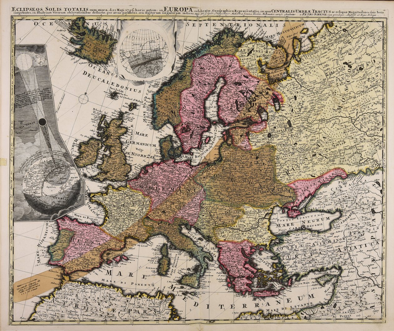 Total solformørkelse med forsinkelse d. 12. maj 1706 Et kort over Europa, hvor det centrale skyggerum og de resterende størrelser var egnet til deres respektive placeringer, blev lanceret fra observationer af berømte mænd ved hjælp af en parallel bue. af Johan Gabriel Doppelmayr